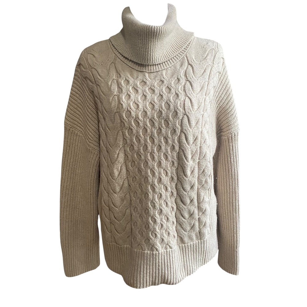 Banana Republic Womens Beige Cable Knit Turtleneck Sweater L Cotton Wool Blend